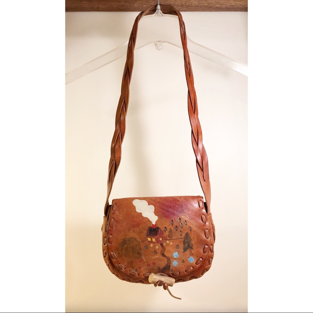 Vintage 60's leather handmade painted shoulder bag - Picture 2 of 6